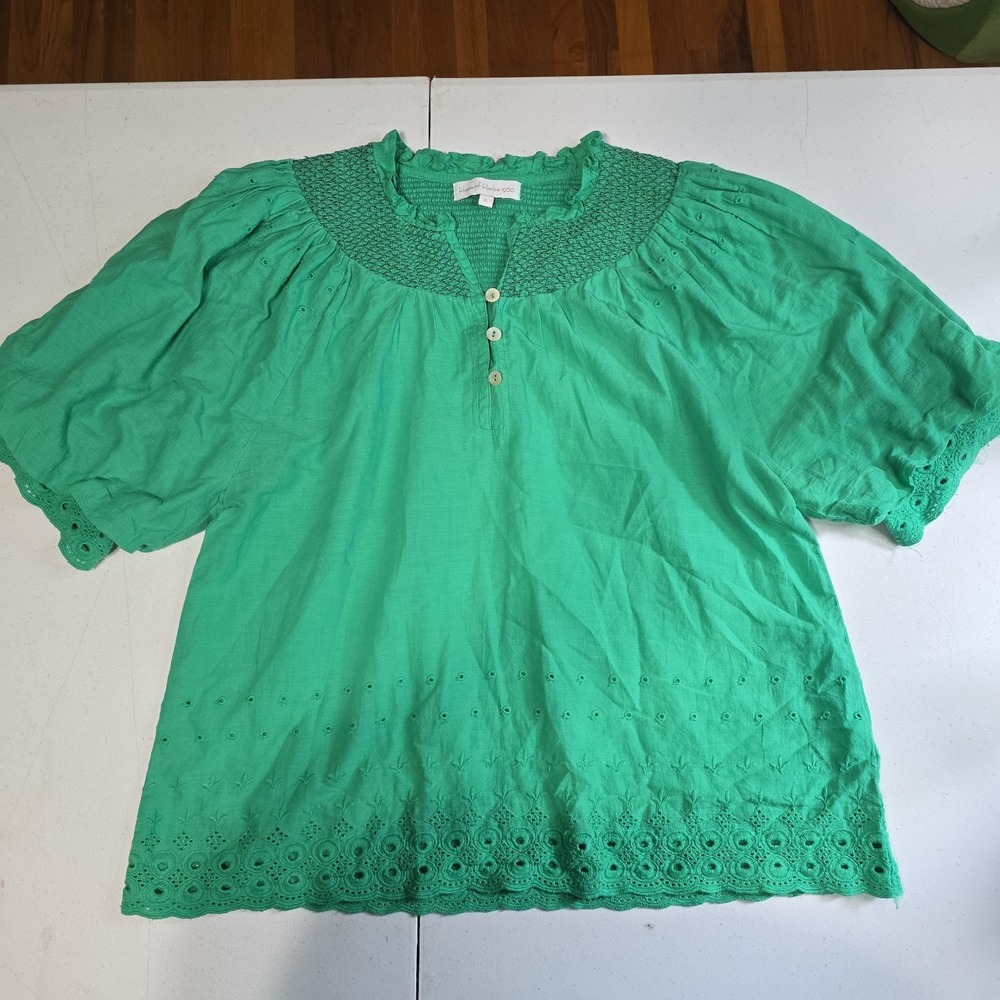 Sz L House of Harlow 1960 EYELET SMOCKED Green Puff Sleeve Peasant Blouse Top‎